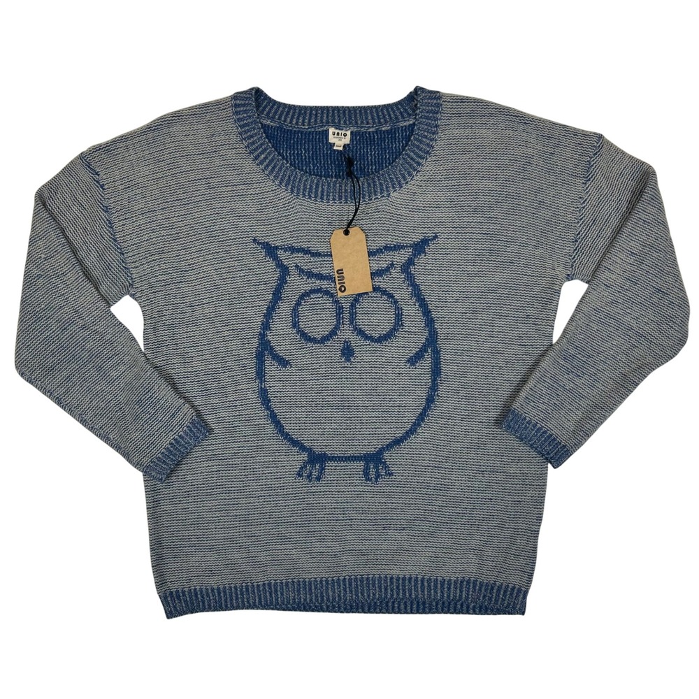 Unio Womens Owl Graphic Knit Sweater Blue Grey Crew Neck Pullover Small NEW